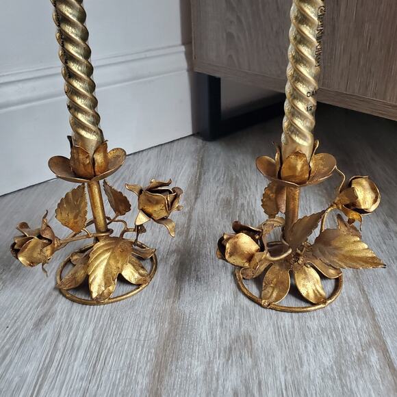 Hollywood Regency Italian Gilded Tole Candlesticks Candle Holders Set of 2 main image 3